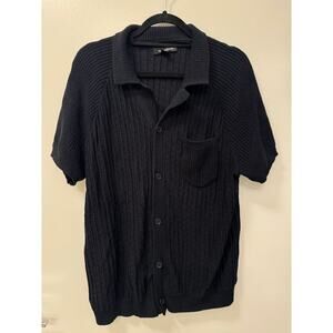Treasure & Bond Men's Large Black Short Sleeve Crochet Button Down Shirt Cotton
